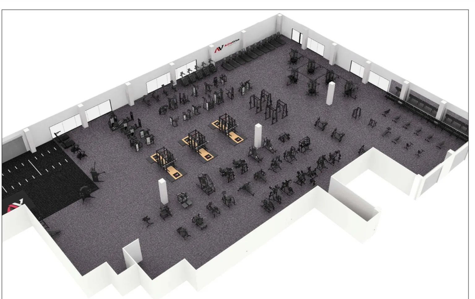 VirtueField floor plan render — overhead view of the full open-gym layout with racks, machines and turf