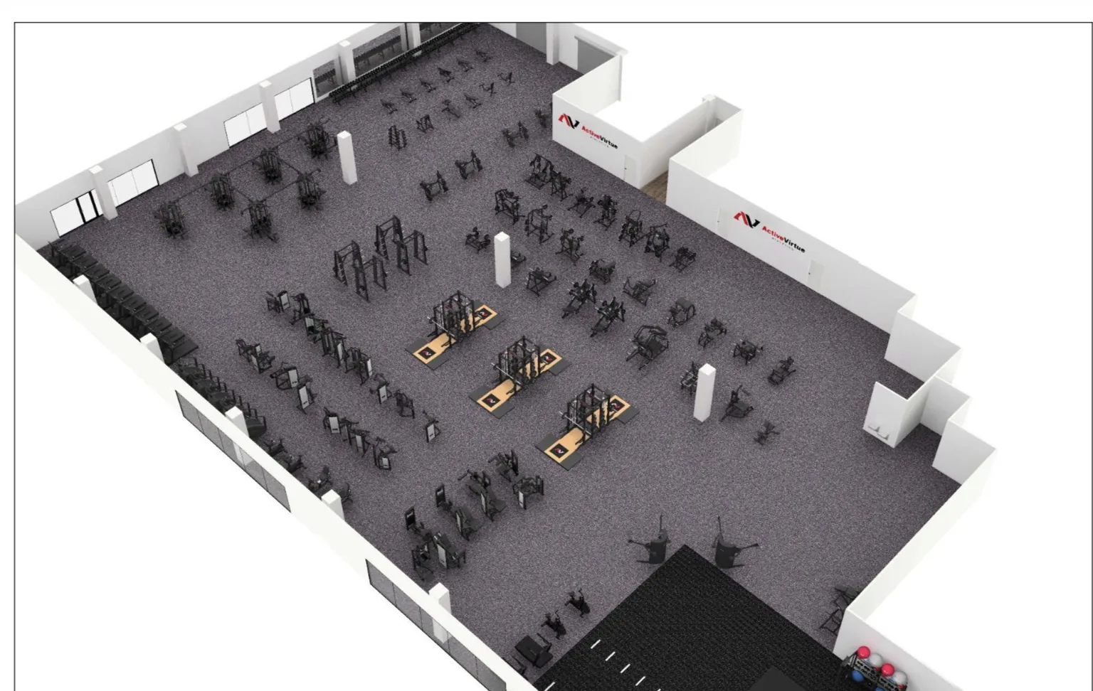 VirtueField floor plan render — wide overhead view of the strength and machine floor