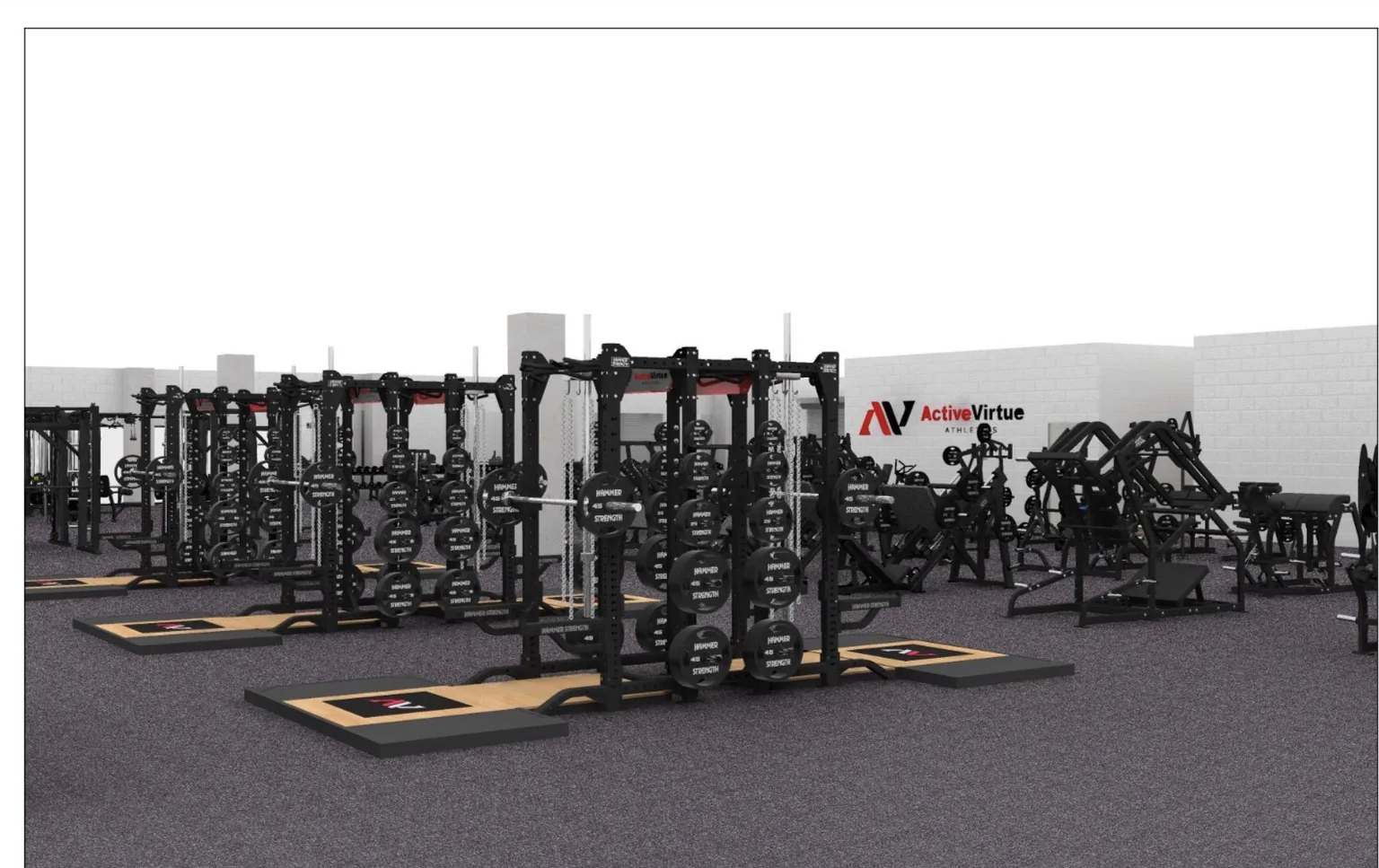 VirtueField render — rows of Hammer Strength power racks with branded lifting platforms
