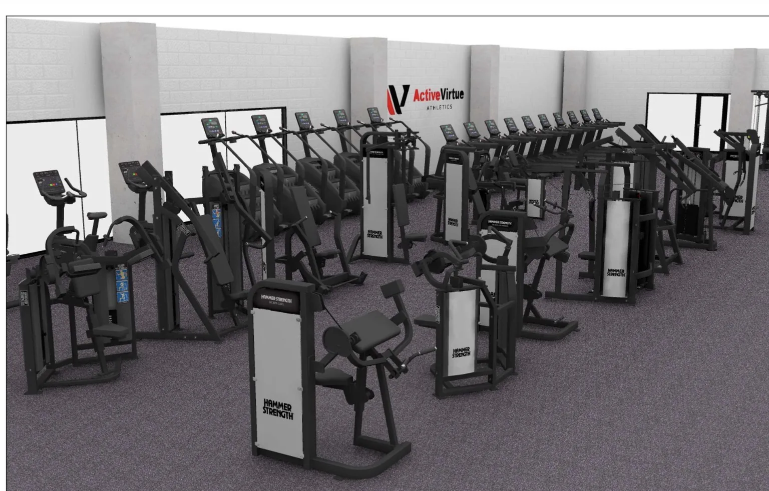 VirtueField render — the selectorized Hammer Strength machine floor under the ActiveVirtue wall logo