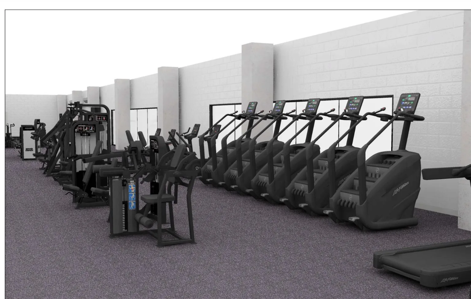 VirtueField render — a long row of Life Fitness cardio machines and ellipticals