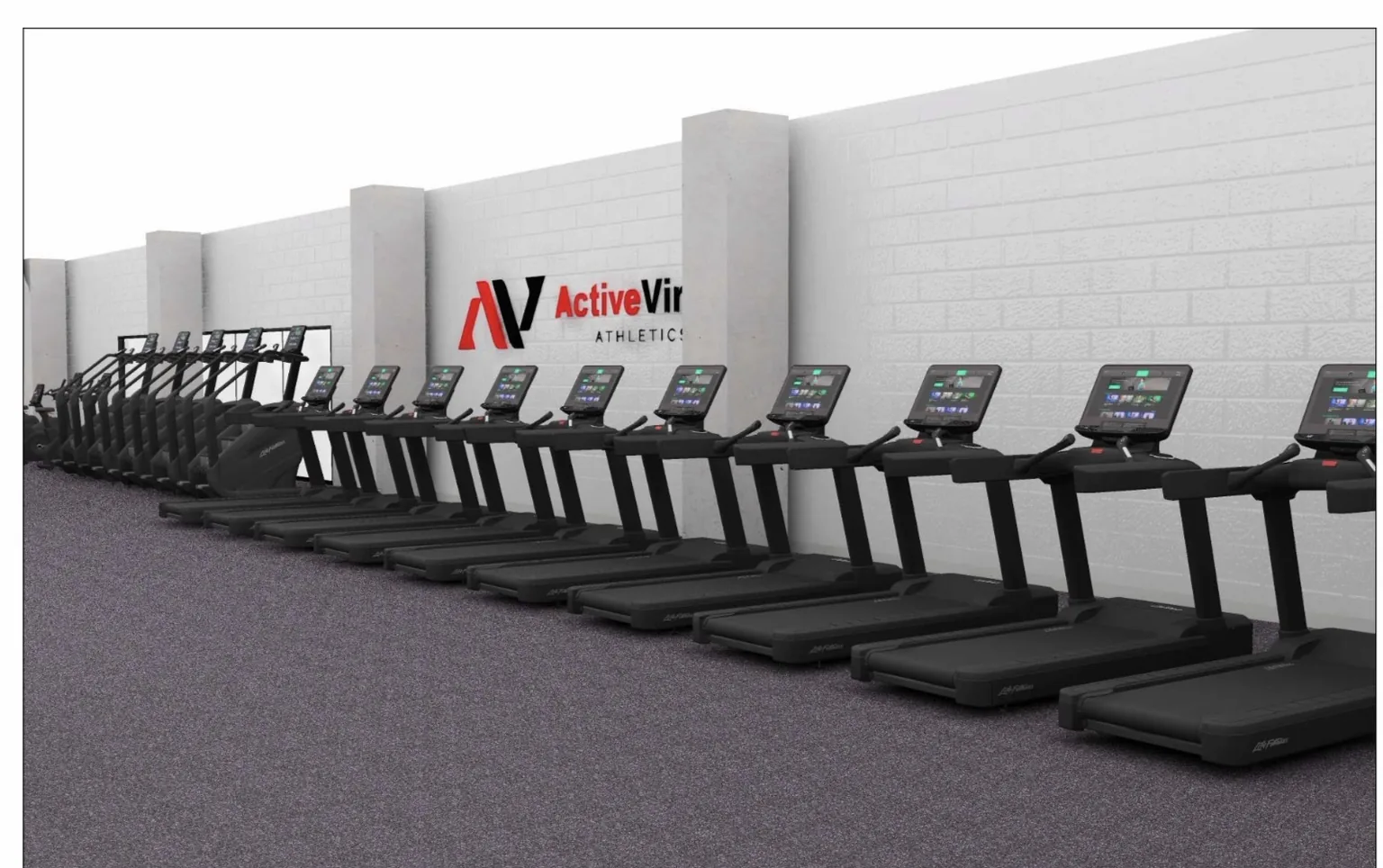 VirtueField render — the treadmill row beneath the ActiveVirtue Athletics wall logo