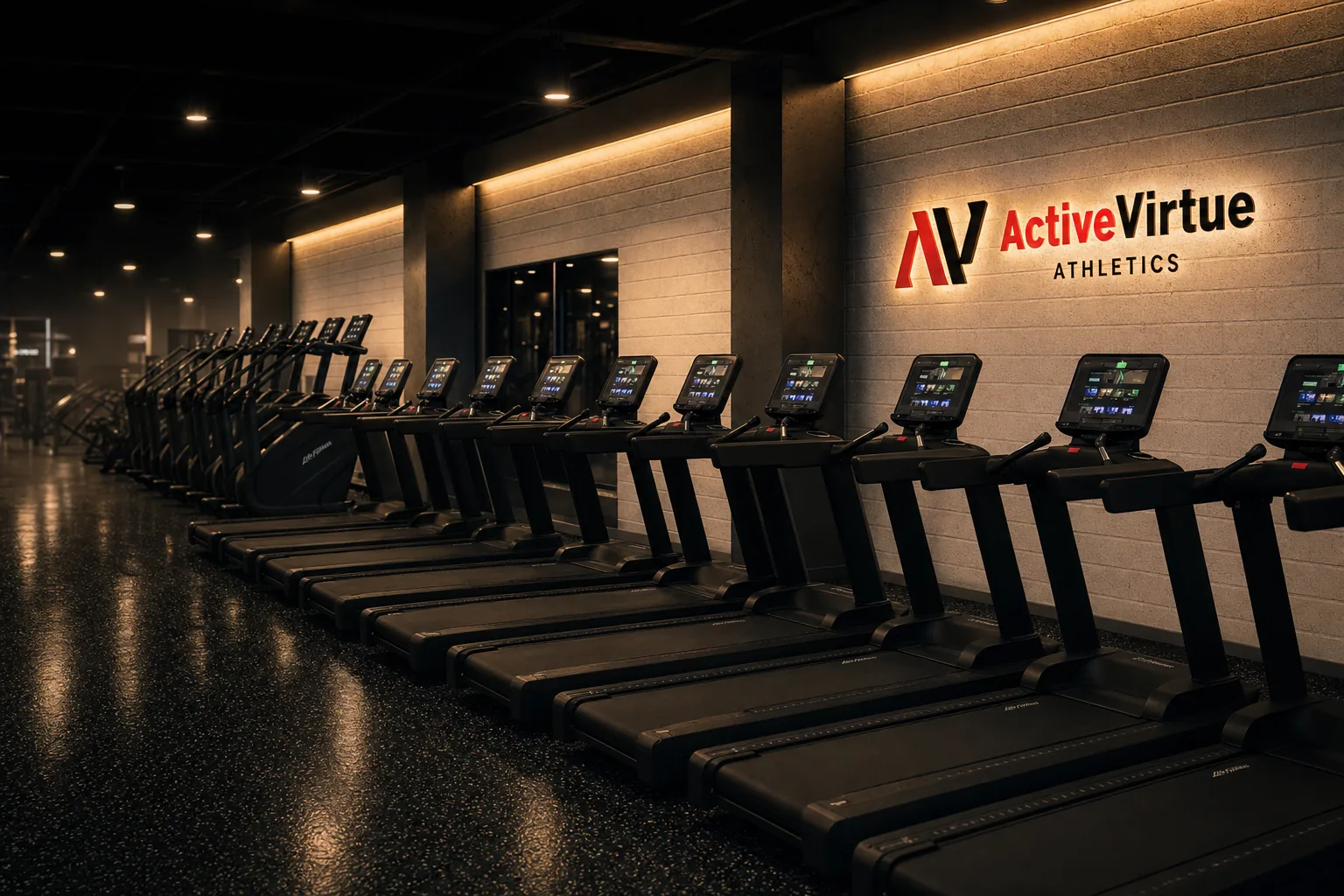 VirtueField concept render — a long row of Life Fitness treadmills beneath the warm-lit ActiveVirtue Athletics wall logo