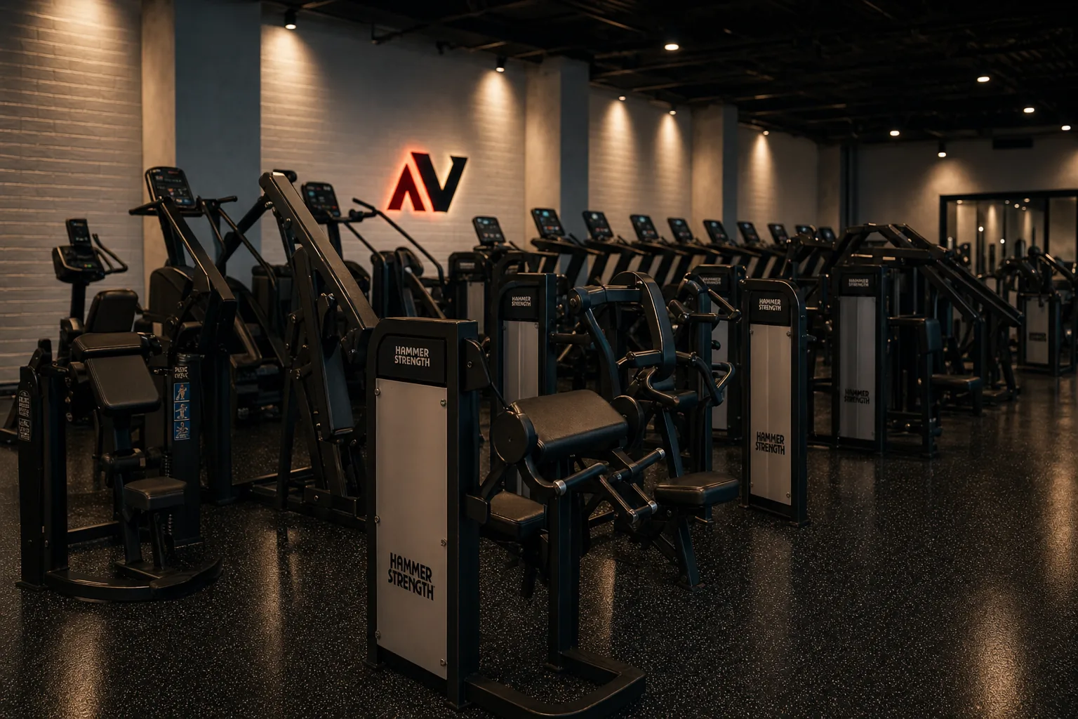 VirtueField concept render — the Hammer Strength plate-loaded machine floor with the glowing AV wall mark