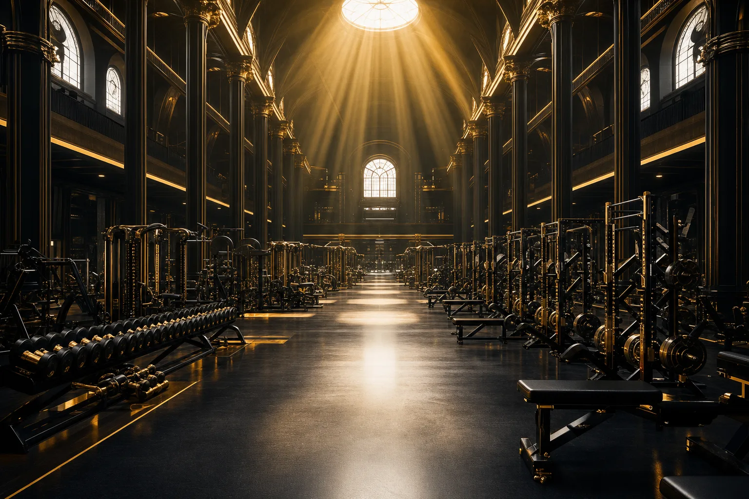 The vast cathedral-scale open gym floor of VirtueField, under construction