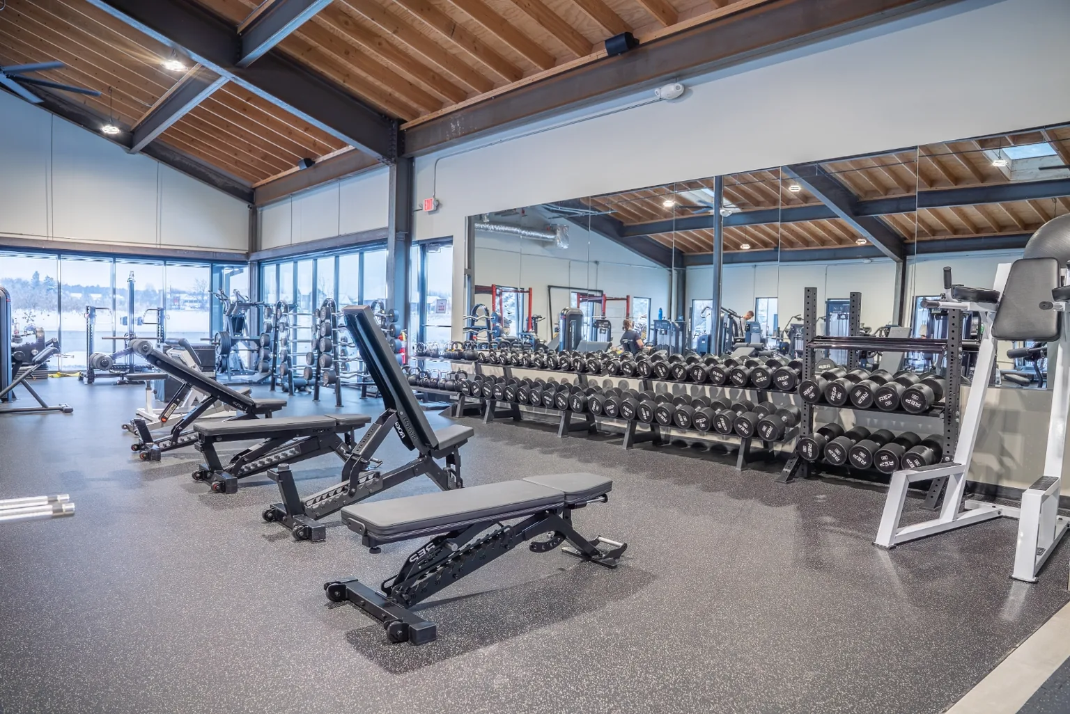 The VirtueHall free-weight floor — dumbbell racks, adjustable benches, and a wall of windows under a vaulted wood ceiling