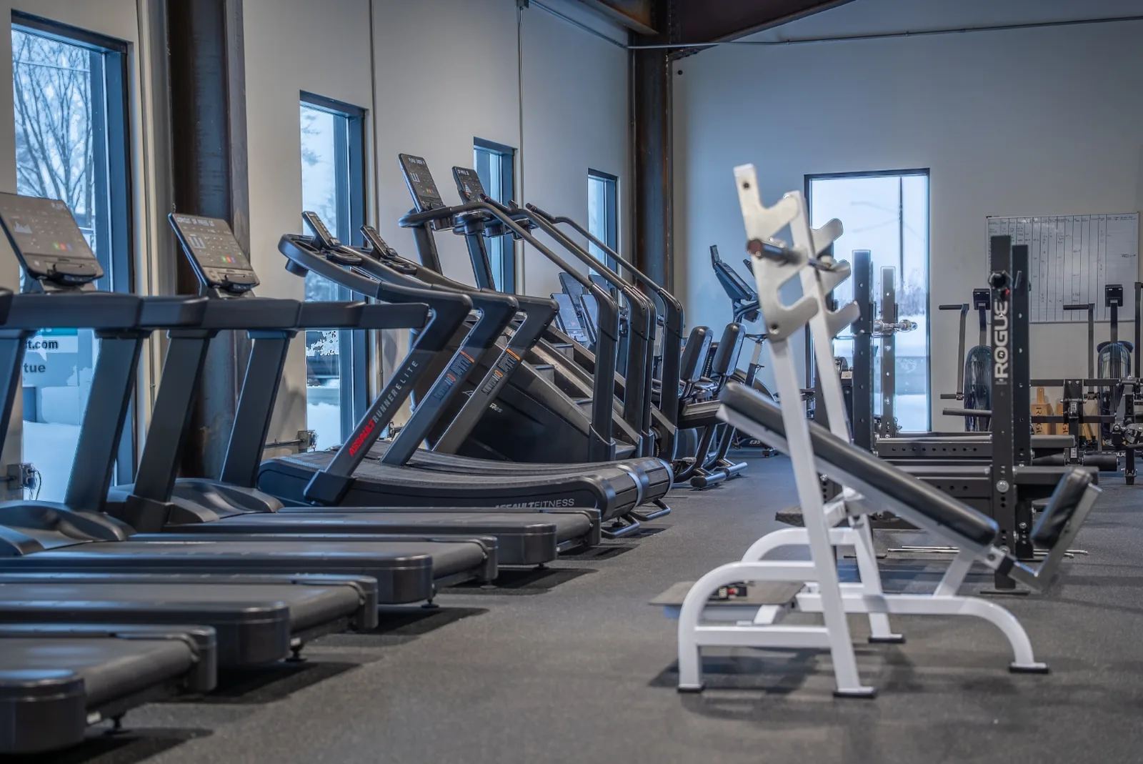 A full dumbbell rack lined up along the windows on the VirtueHall training floor