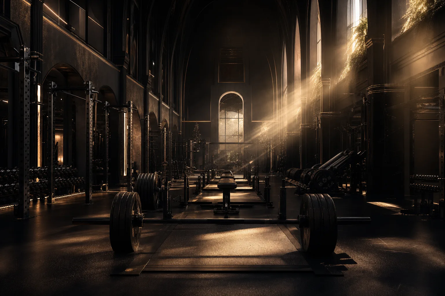The refined, dark interior of the VirtueHall strength training studio